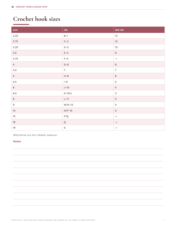 Preview of Printable Crochet Hook Size Chart