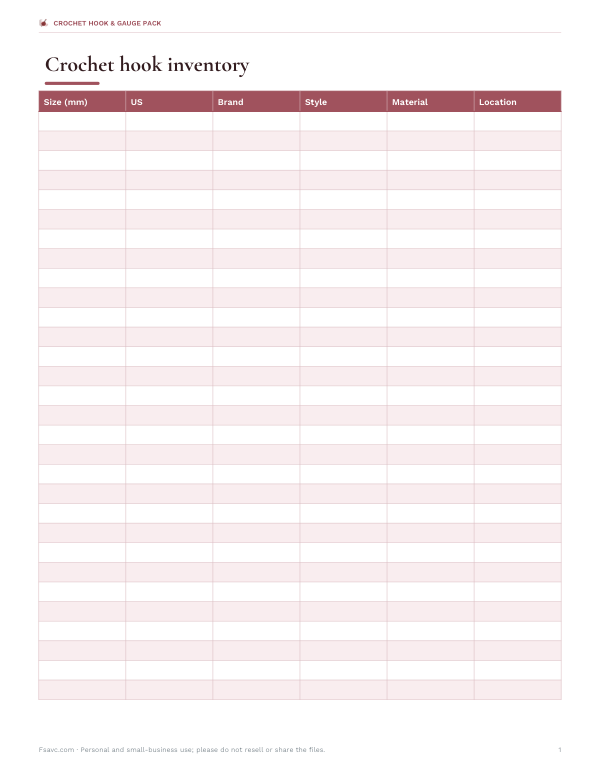 Preview of Printable Crochet Hook Inventory Sheet