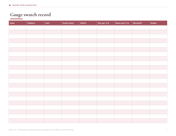 Preview of Printable Crochet Swatch Record